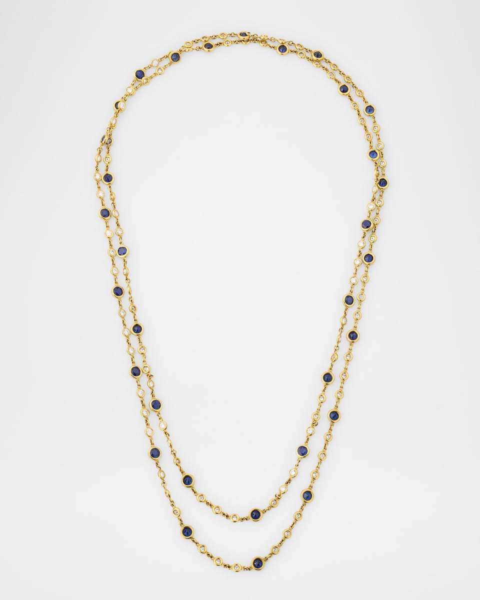 18K Yellow Gold Diamond and Blue Sapphire Long Necklace